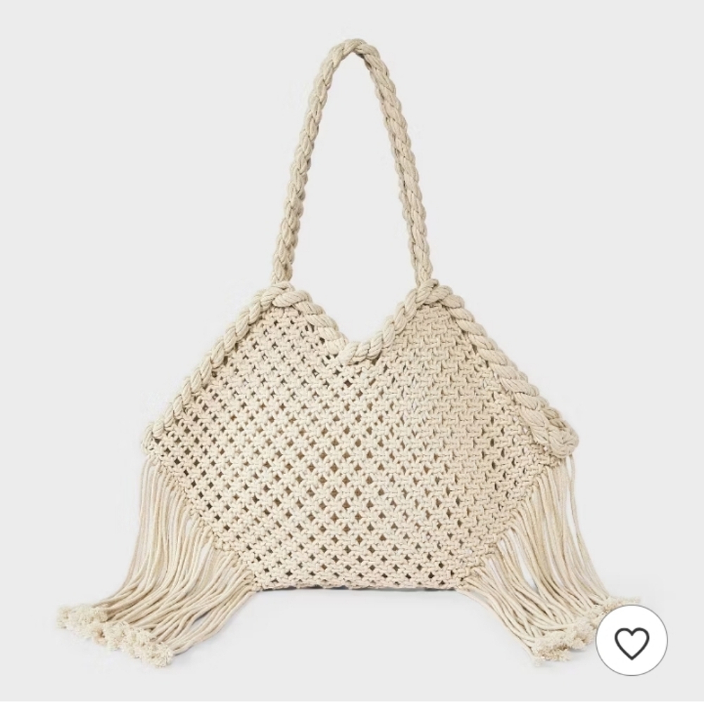 Hand Crafted Macramé Fringe Shoulder Bag - Cream